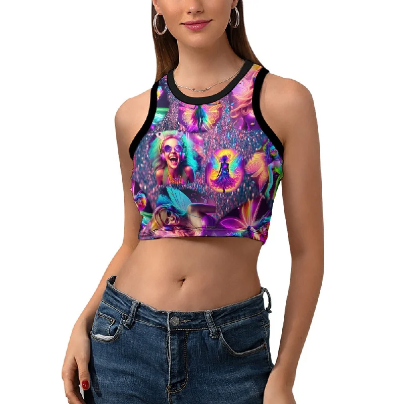 “Festival Fairies” Women’s Festival Crop Top Denim Fabric Leather Fabric Suede Fabric