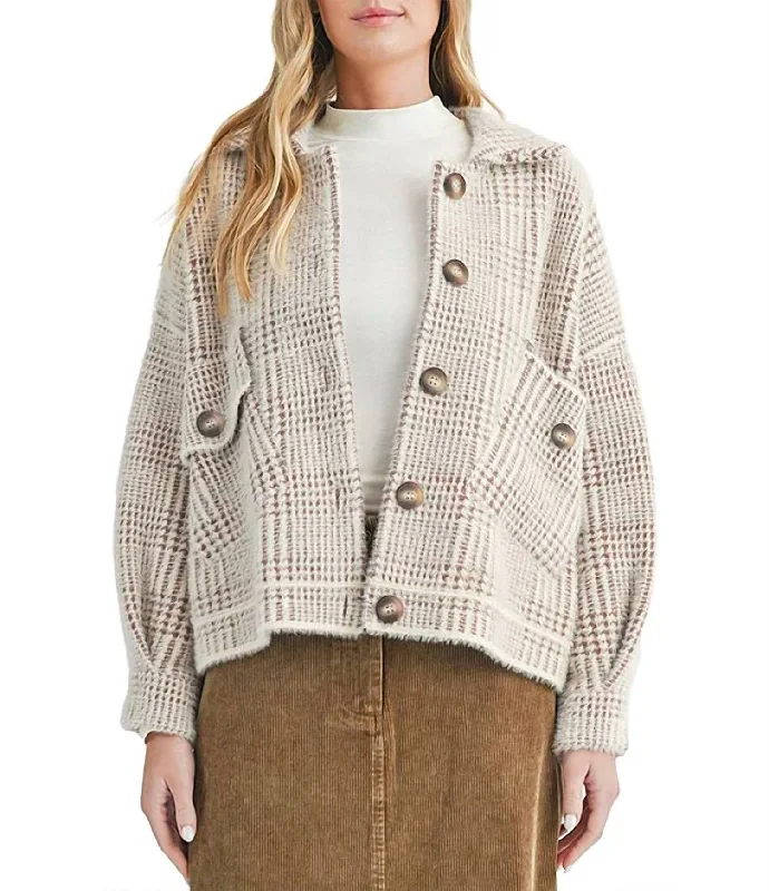 Layla Plaid Jacket In Ivory/brown Tiered Jacket Buttoned Jacket Zippered Jacket