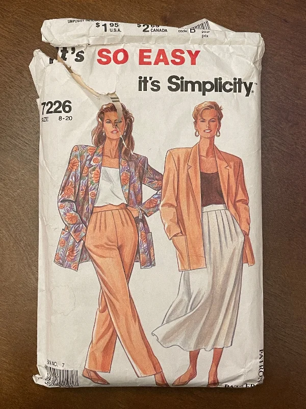 SALE 1991 Simplicity 7226 Pattern - Women's Jacket, Skirt and Pants Boat Neck Shawl Collar Notched Collar