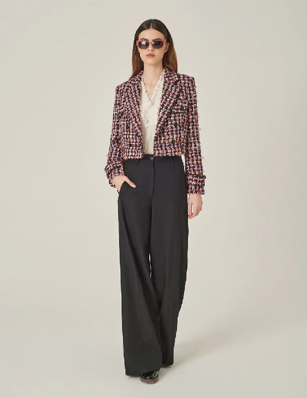MARYLING Pink & Black Plaid H-Shaped Cropped Tweed Jacket Fleece Jacket Down Jacket Feather Jacket