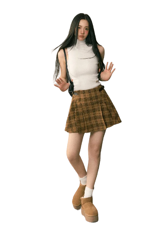 Retro Leather Buckle Plaid Pleated Mini Skirt ruffled skirt detail