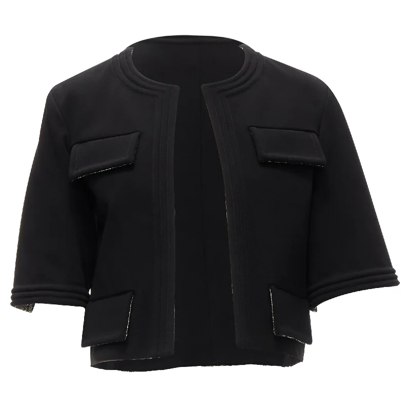Chanel silver metallic tweed lined pocket cropped bolero jacket A-Line Jacket Boat Neck Shawl Collar