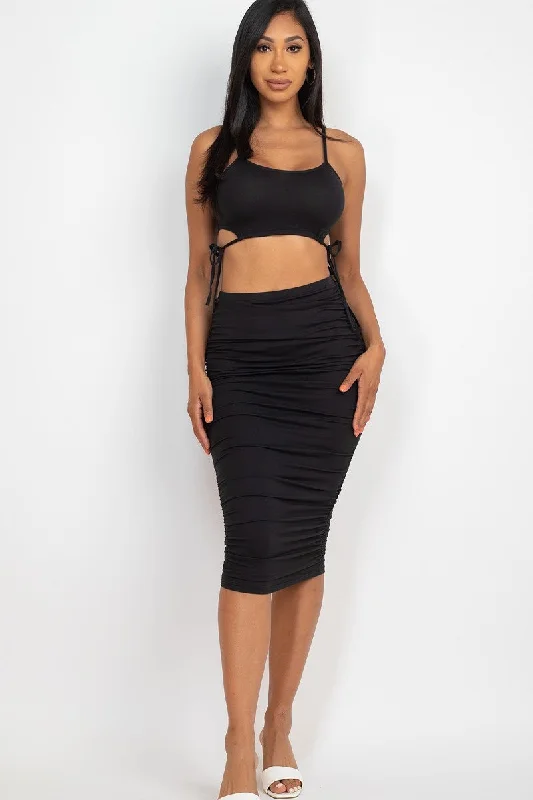 Cut-out Tie Side Crop Top & Ruched Midi Skirt Set Knit Fabric Woven Fabric Fleece Fabric