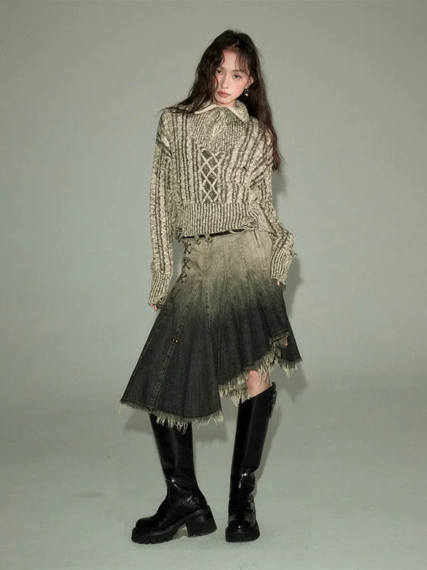 Irregular Hem Gradient Denim Skirt corduroy skirt cozy