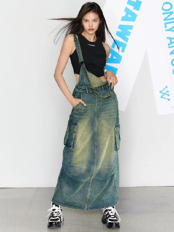 Washed Denim Tooling Suspenders Skirt asymmetrical skirt cut