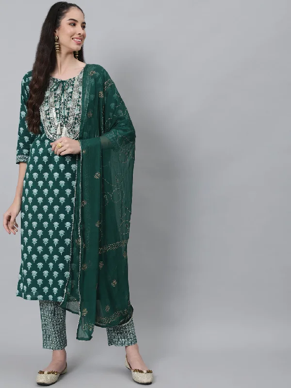 Women's Green Ethnic Motifs Embroidered Pure Cotton Kurta with Trousers With Dupatta - Anubhutee Trousers Elastic Waist Soft