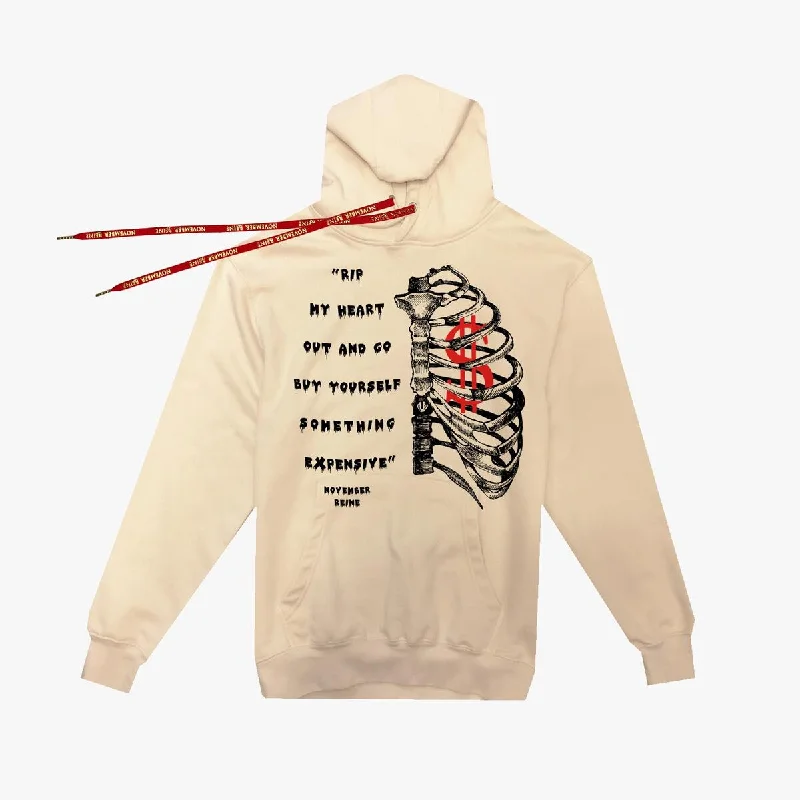 NOVEMBER REINE RIP MY HEART OUT HOODIE (TAN BLACK AND RED) Hoodie with Hem Frayed Vintage Worn