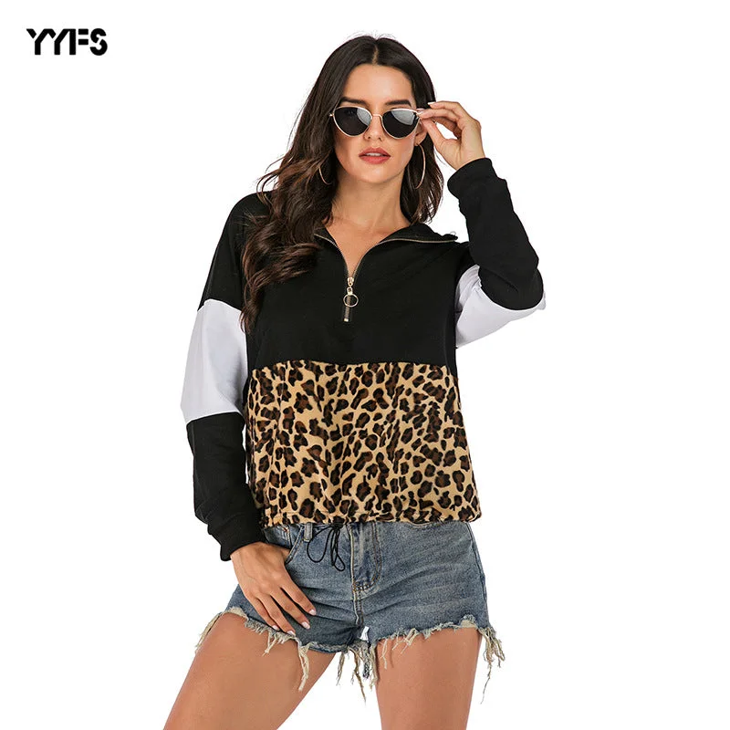 IKEARLAX New Popular trade Popular, 2025 and popular autumn leopard print contrasting sweater women's long-sleeved bottoming hooded splicing hoodie Hoodie with Exposed Zipper Edgy Industrial