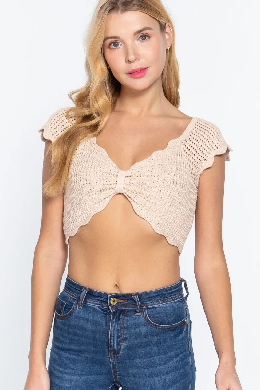 Short Sleeve V-neck Front Knot Detail Sweater Knit Crop Top Zippered Front Buttoned Front Snap Front