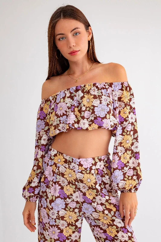 Floral Long Sleeve Crop Top & Wide Leg Pants Set Cashmere Blend Cotton Blend Poly Blend