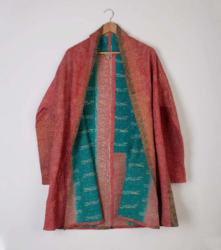 Red Vintage Cotton Kantha Jacket Hoodie Zip-Up Jacket Button-Up Jacket