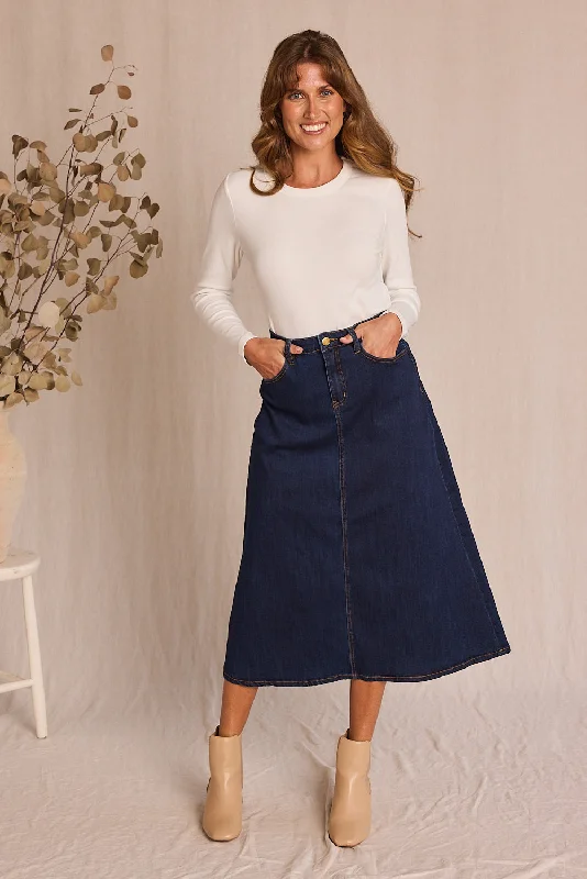 Adrift Denim A-Line Skirt in Dark Wash leather skirt bold