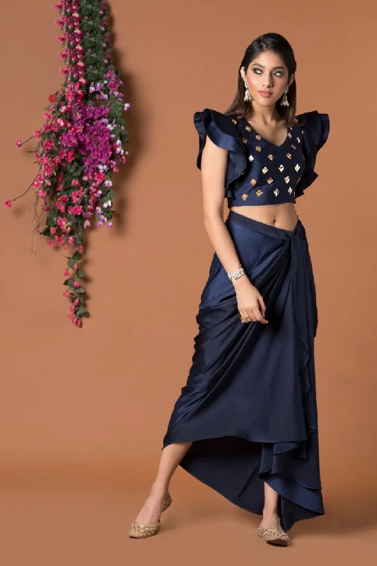 NAVY BLUE DRAPED SKIRT & CROP TOP SET Anti-Shrink Durable Soft