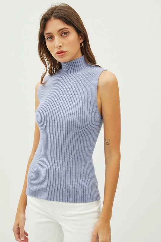 As Easy As That Light Blue Ribbed Knit Sleeveless Sweater Fitted Slim Tailored