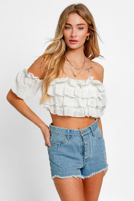 Off Shoulder Frill Stripe Ruffle Crop Top Chenille Blend Fleece Blend Nylon Blend