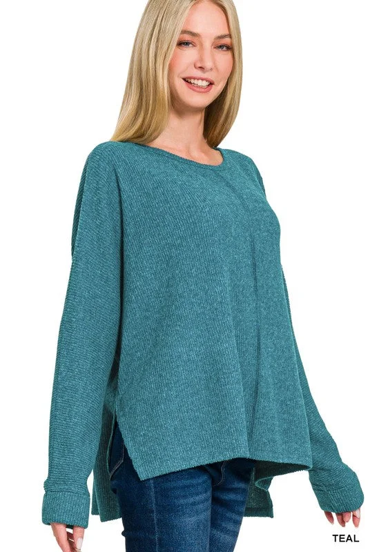 Center Of Attention Teal Ribbed Dolman Sleeve Sweater Iron Safe Non-Iron Wrinkle Free