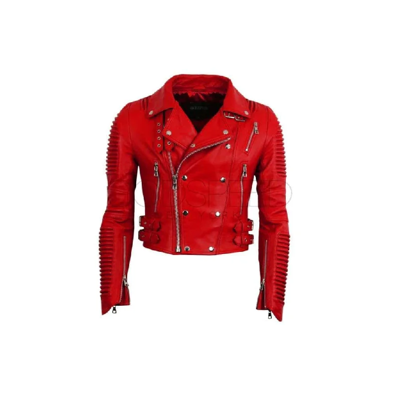 Women Moto Jacket ( Marinara Red ) Tiered Jacket Buttoned Jacket Zippered Jacket