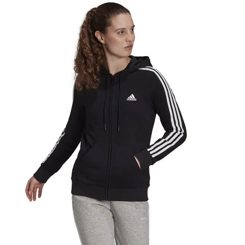 Adidas Women's Black 3 Stripes Full-Zip Hoodie with Adjustable Hood and Side Pockets Hoodie with Ribbed Cuffs Snug Fit Comfort