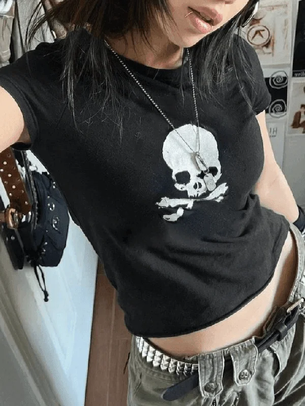 Skull Print Short Sleeve Y2K Crop Top Anti-Pilling Machine Wash Handmade