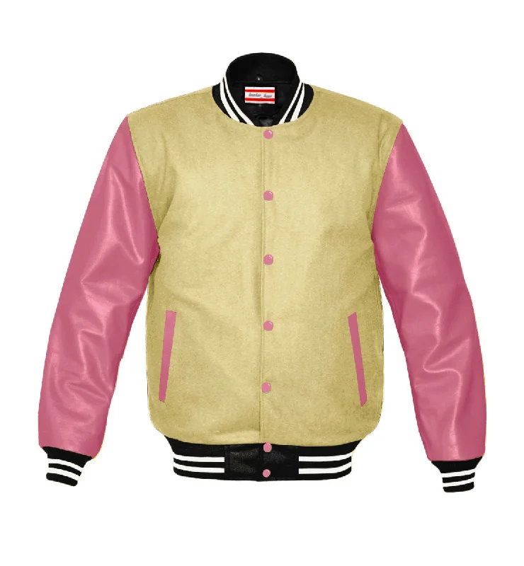 Original American Varsity Real Pink Leather Letterman College Baseball Women Wool Jackets #PKSL-WSTR-PKB-BBand Hooded Jacket Caped Jacket Shawl Collar Jacket