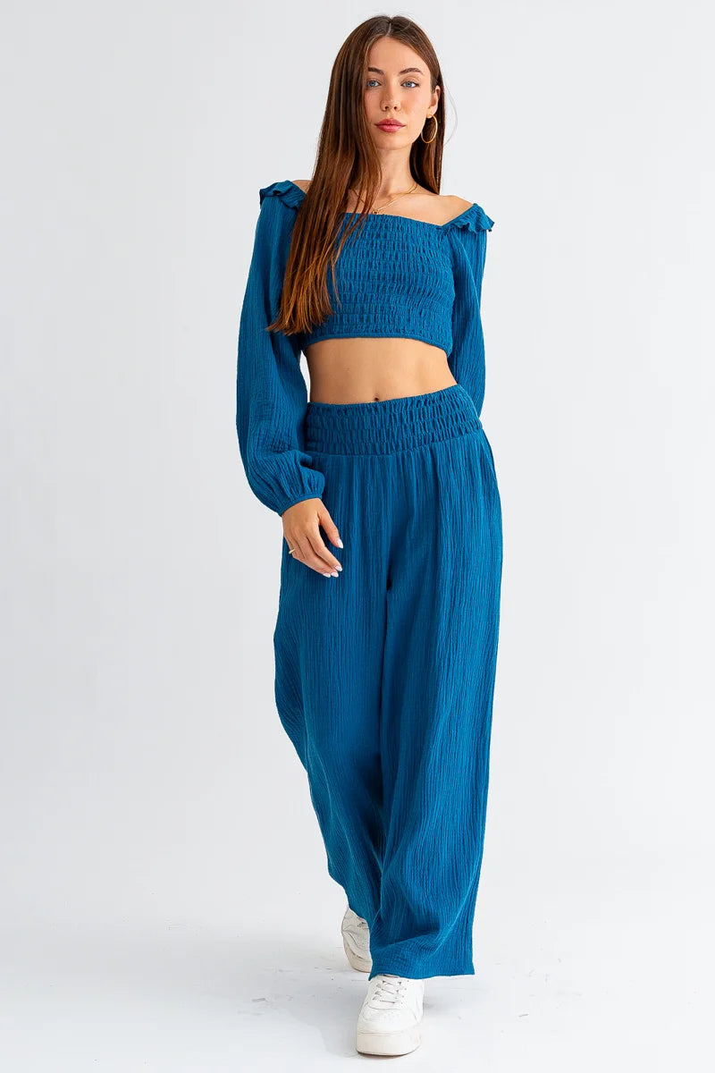 Cotton Smocked Long Sleeve Crop Top & Mid Waist Pants Set Embroidered Appliqued Beaded