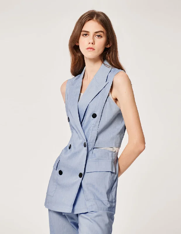 MARYLING SKY BLUE LINEN BLENDED SLEEVELESS JACKET Denim Jacket Leather Jacket Suede Jacket