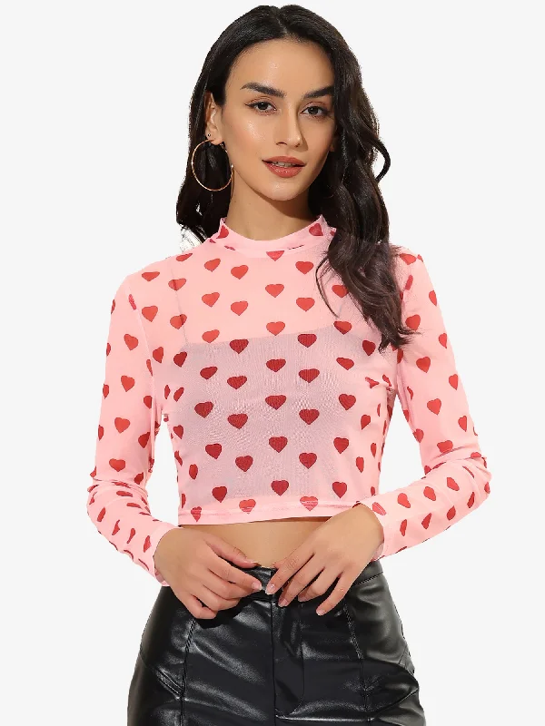 Semi-Sheer Sexy Heart Mesh Crop Top Long Sleeve Blouse Mesh Canvas Denim