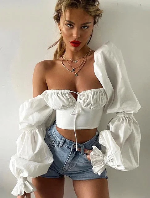 Summer Floral Print Corset Crop Top Women Long Puff Sleeve Bandage Elegant Casual Backless Sexy T Shirts Plaid Crop Top Polka Dot Checkered