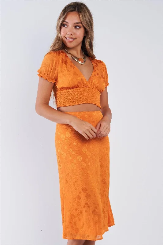 Burnt Orange Plunge V-neck Puff Sleeve Elastic Waist Crop Top Welt Pockets Slit Pockets Flap Pockets