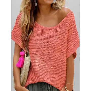 Take It In Stride Coral Crochet Hollow Out Sweater Top Polka Dot Checkered Tartan