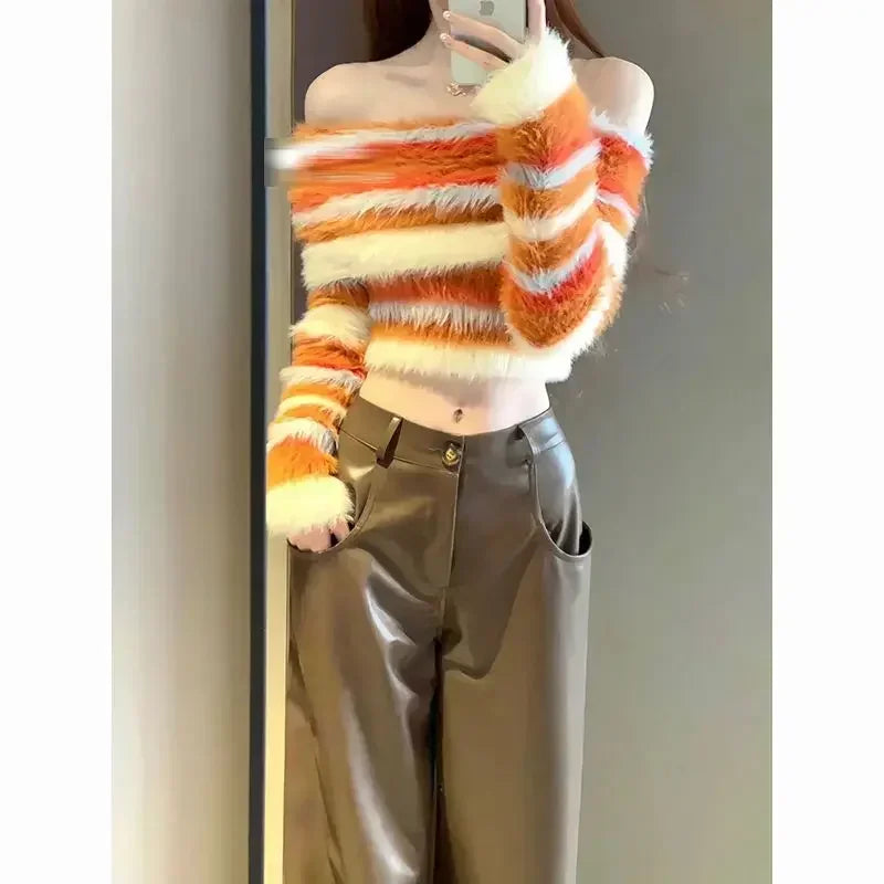 Lunivop American Slim Pullovers Sweaters Crop Tops Sexy Knitted Contrast Color Striped Women Y2k Slash Neck Vintage Sueter Mujer Chic Chenille Fabric Brocade Fabric Lace Fabric