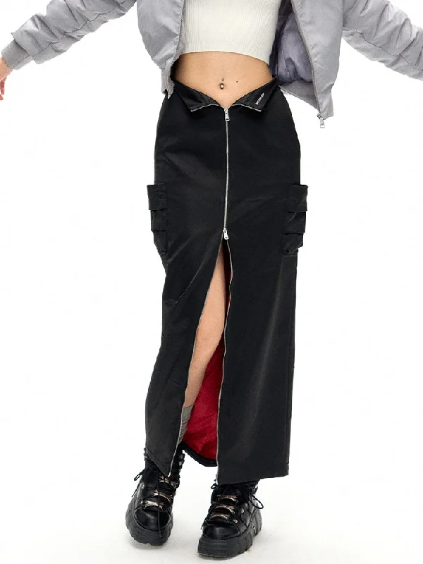 Zippered Slit Work Skirt denim skirt classic
