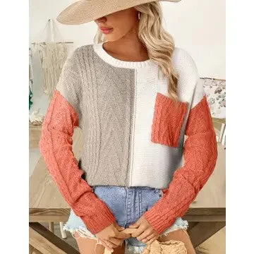 Pumpkin And Spice Color Block Orange Patch Pocket Sweater (Size Large) Graphic Sweater Embroidered Appliqued