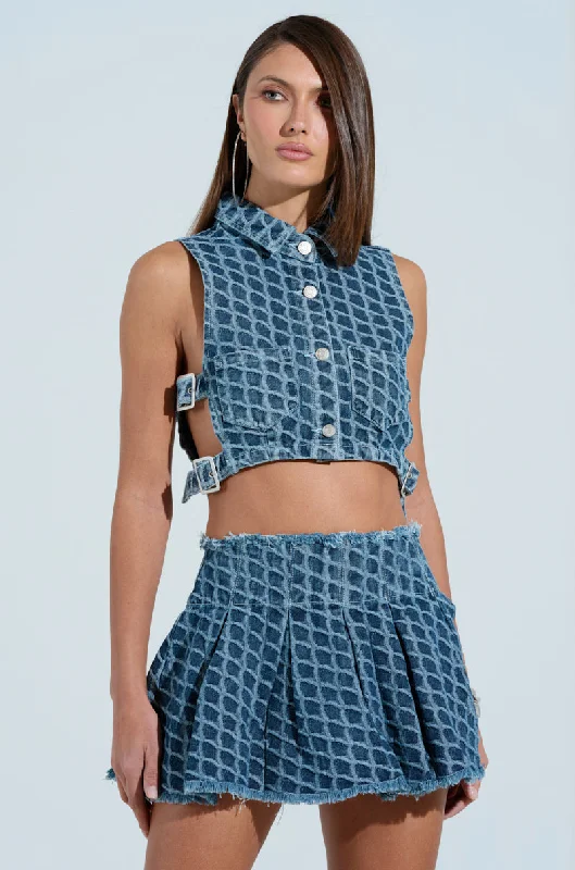 SCALE DENIM CROP TOP Collared Crop Top Boat Neck A-Line
