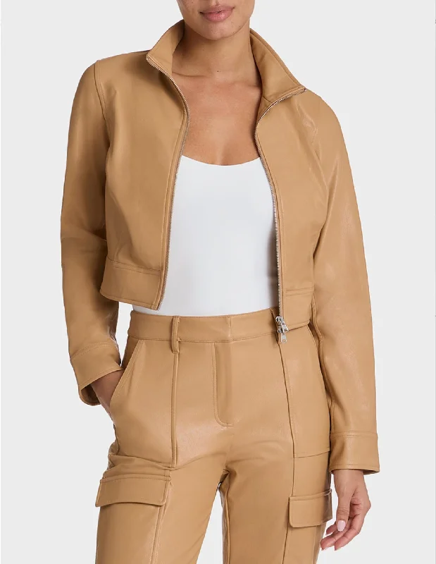 Faux Leather Crop Biker Jacket In Camel Snapped Jacket Toggled Jacket Drawstring Jacket