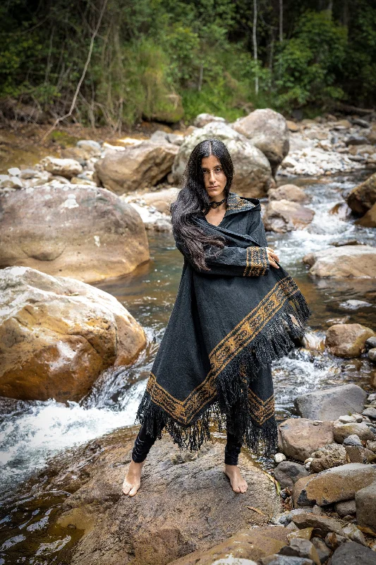 JUBBA Black Womens Hooded Cloak Long Sleeve Poncho Jacket Festival Tribal Dystopian Apocalyptic Block Printed Steampunk Handmade Dune AJJAYA Jersey Jacket Tulle Jacket Batik Jacket