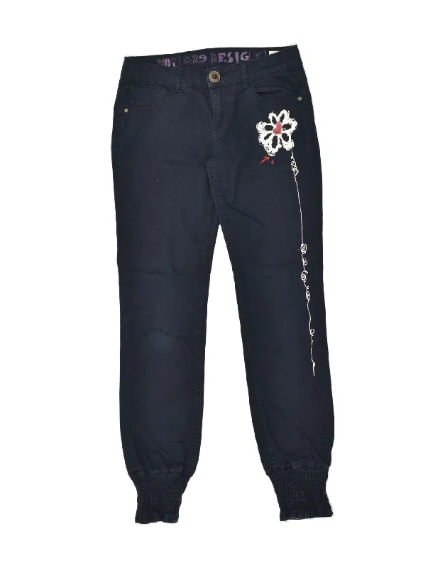 DESIGUAL Womens Graphic Joggers Casual Trousers W28 L30 Navy Blue Floral Trousers Culottes Wide Leg