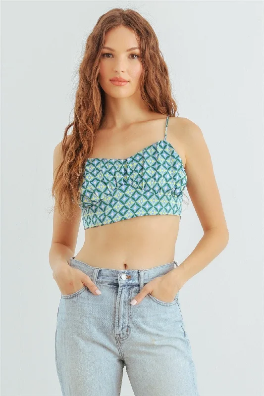 Blue & Lime Abstract Satin Sleeveless Crop Top /1-2-2-1 Satin Blend Silk Blend Wool Blend