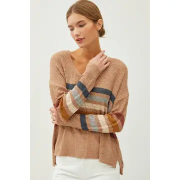 Over The Rainbow Mocha V Neck Sweater (Size Small/Medium) Iron Safe Non-Iron Wrinkle Free
