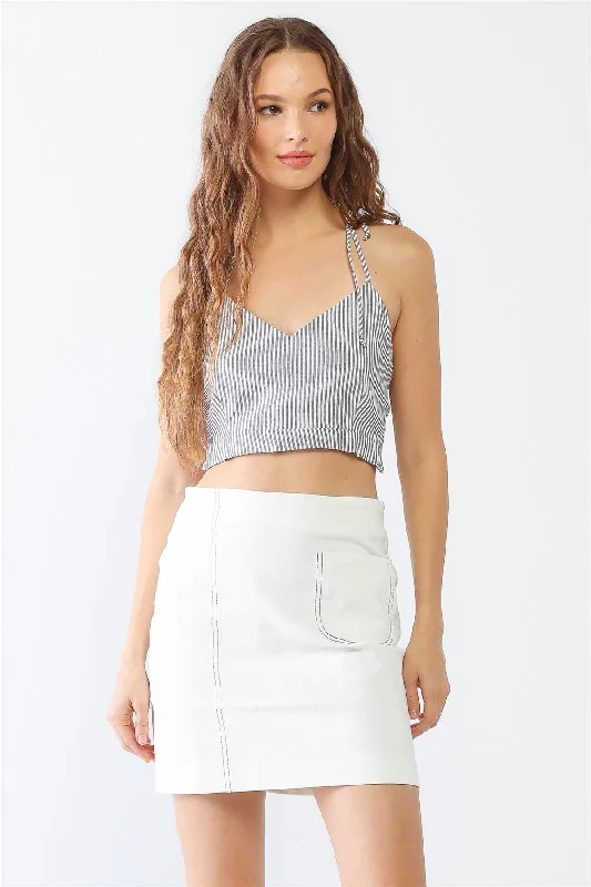 Stripe Print Sleeveless Self-Tie V-Neck Crop Top Zippered Front Buttoned Front Snap Front