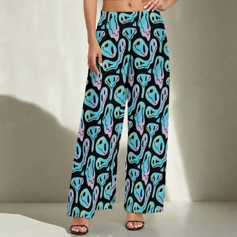 Psychedelic Smiley Face Wide-Leg Trousers – Stand Out with Bold Prints Skinny Trousers Denim Stretchy