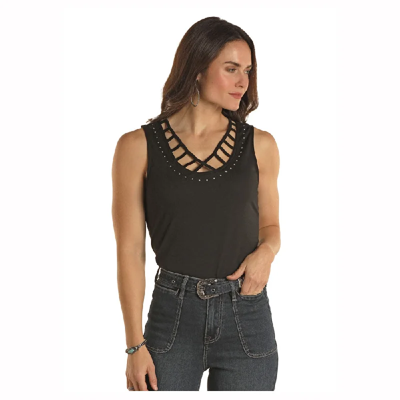 LW20T02899 Panhandle Women's Strappy Tank with Rhinestones - Black crossback tank top