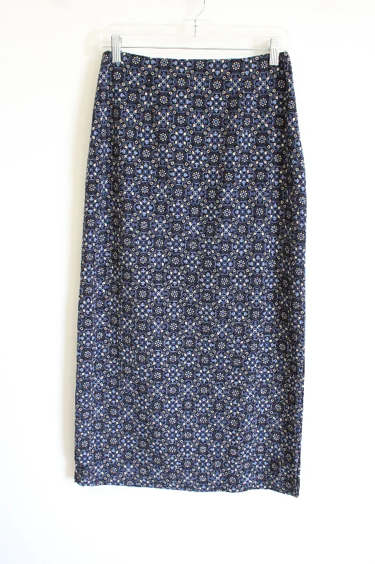Geoffrey Beene Sport Vintage Blue Black Patterned Slitted Skirt | 6 linen skirt light