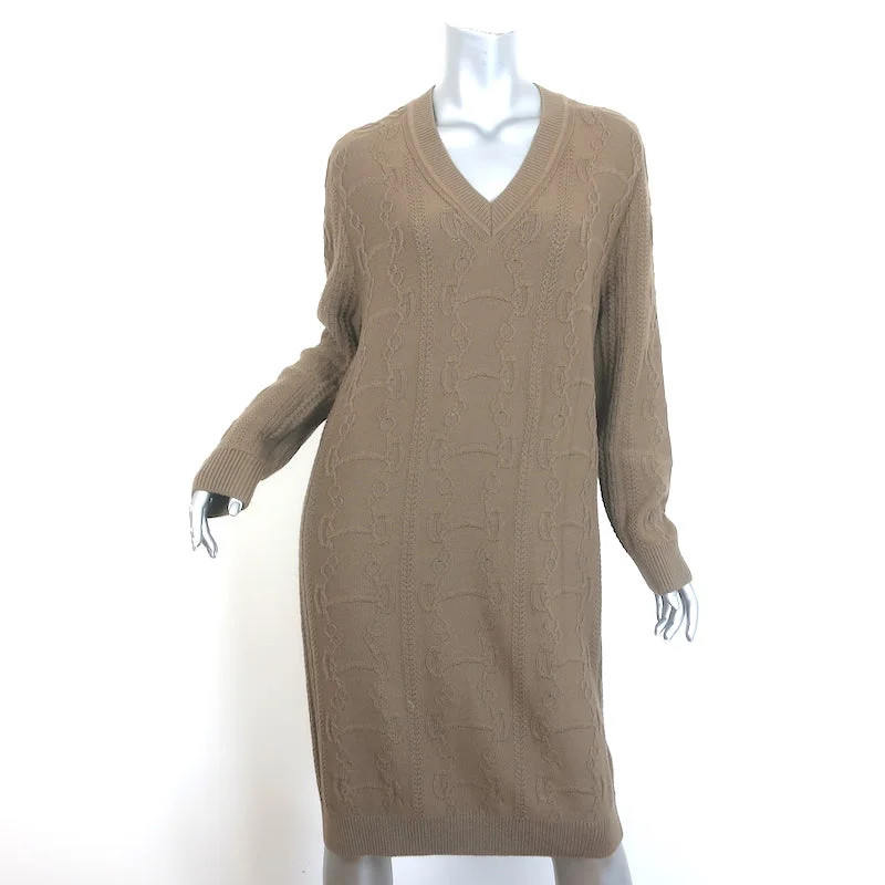 Hermes Horsebit Knit V-Neck Sweater Dress Taupe Wool-Cashmere Size 38 Hooded Caped Shawl Collar