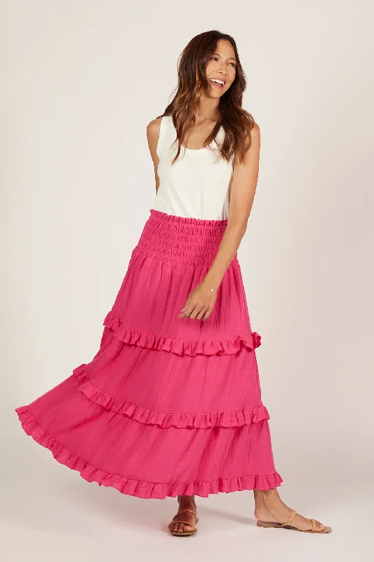 Aaliyah Crinkle Cotton Frill Skirt in Pink Glo corduroy skirt textured