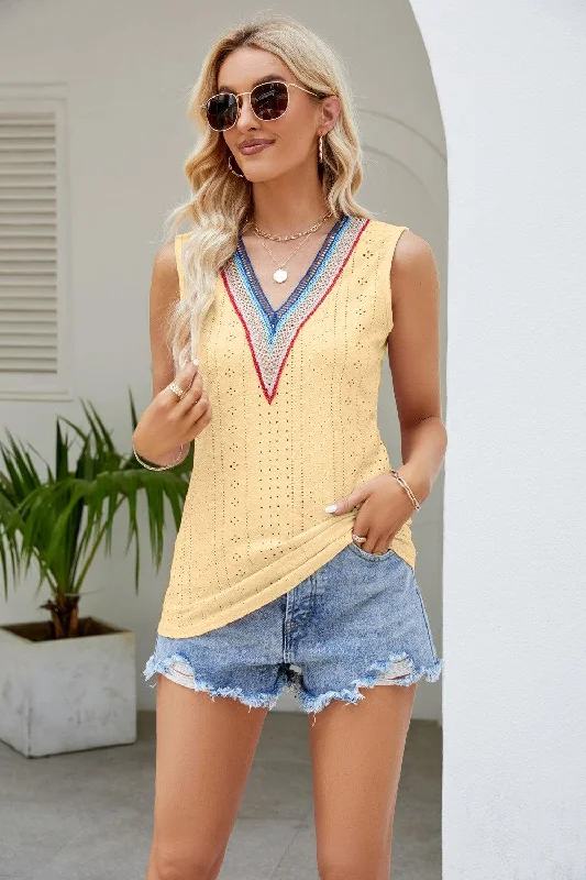 Hazel Blues® |  Contrast V-Neck Eyelet Tank flirty tank top