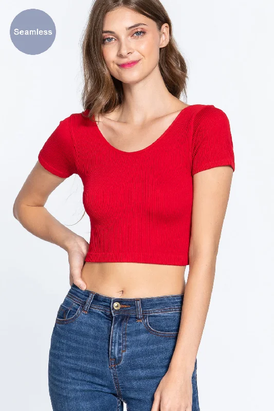 Cross Back Rib Seamless Crop Top Graphic Embroidered Appliqued