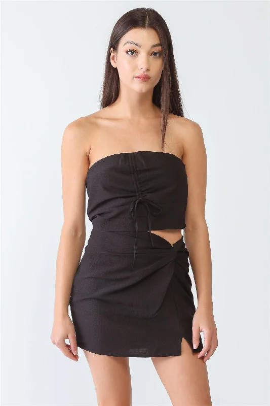 Black Textured Strapless Ruched Crop Top & High Waist Twist Mini Skirt Set /3-2-1 Real Fur Shearling Chenille