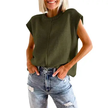 Its A Fine Line Army Green Cap Sleeve Knit Sweater Top (Size Medium) Chenille Blend Fleece Blend Nylon Blend