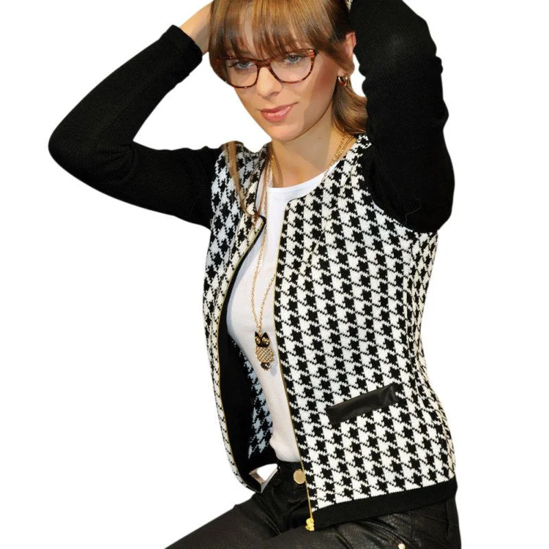 Fashion Women Slim Print Jacket Casual Houndstooth Outwear Short Thin Zipper Tops Faux Fur Jacket Real Fur Jacket Shearling Jacket